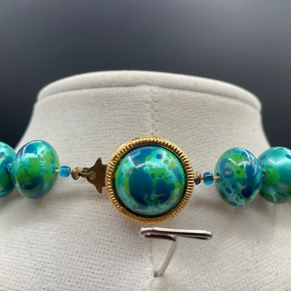 Vintage Green Classic Fashion Bezel Glass Chrysocolla Beaded Statement Necklace - Picture 9 of 10